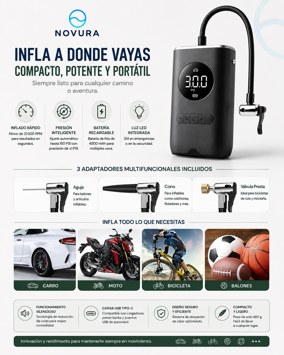 Inflador De Llantas Portable Compresor Aire De Moto Y Carro