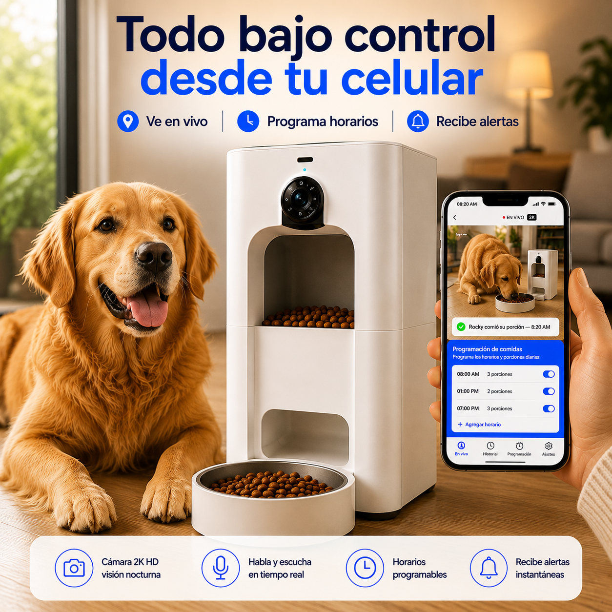 Dispensador Inteligente para Mascotas Cámara 2K, WiFi y Control desde tu Celular