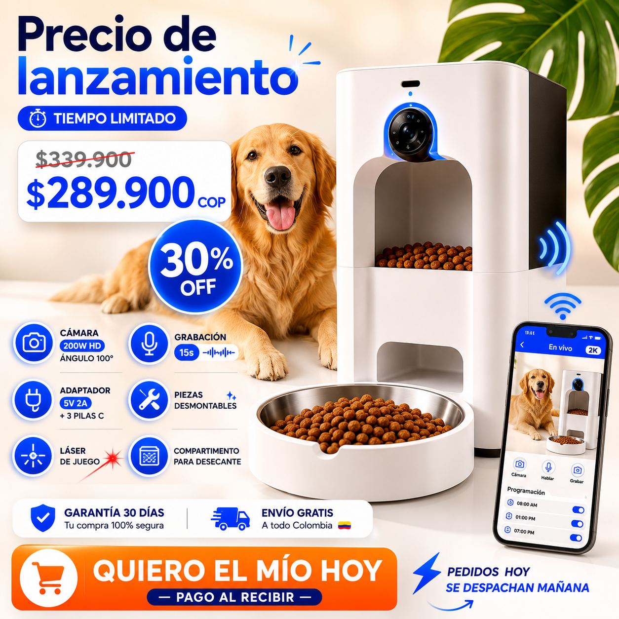 Dispensador Inteligente para Mascotas Cámara 2K, WiFi y Control desde tu Celular