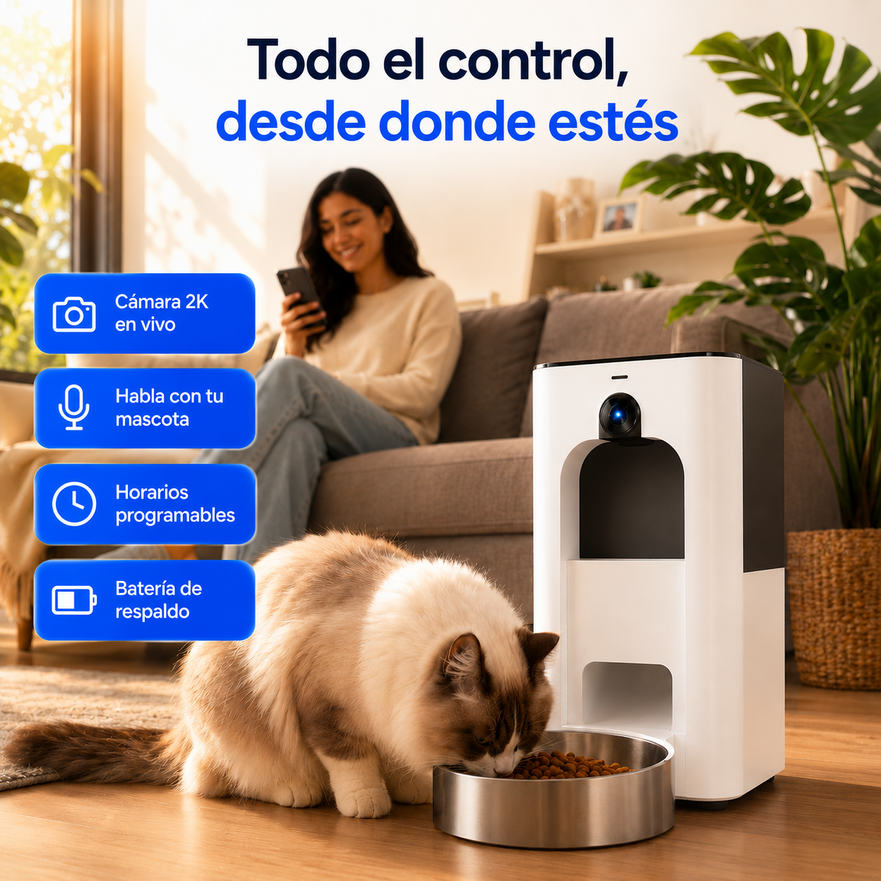 Dispensador Inteligente para Mascotas Cámara 2K, WiFi y Control desde tu Celular
