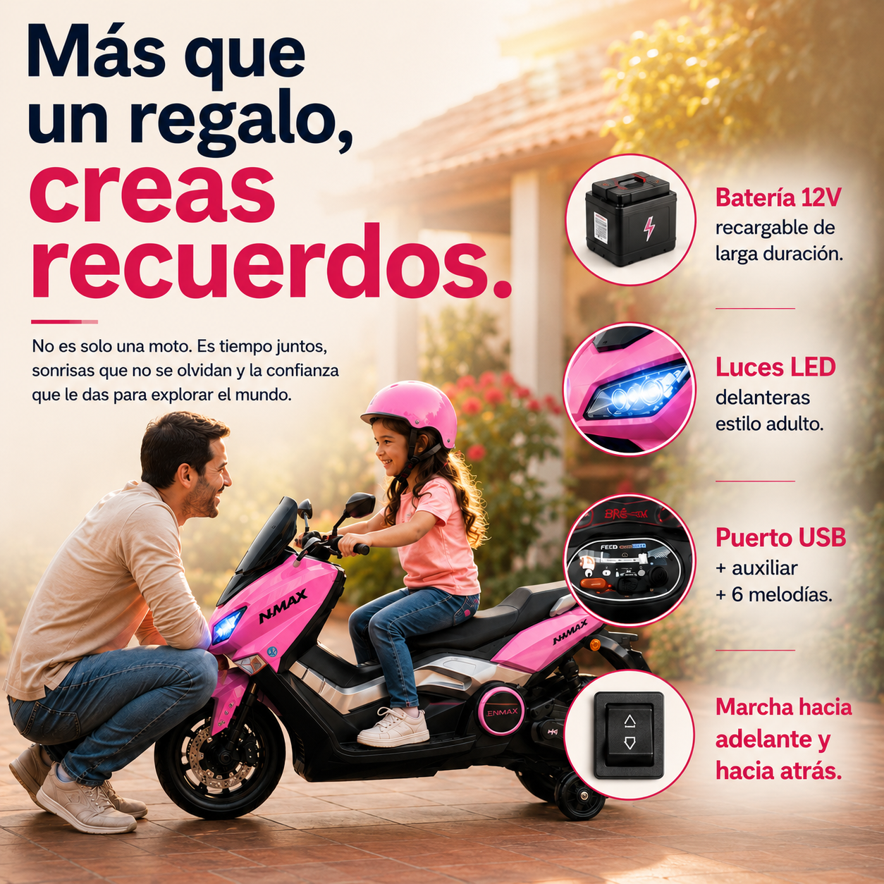 Moto Eléctrica Infantil NMAX  ROSA— Estilo Scooter Deportiva